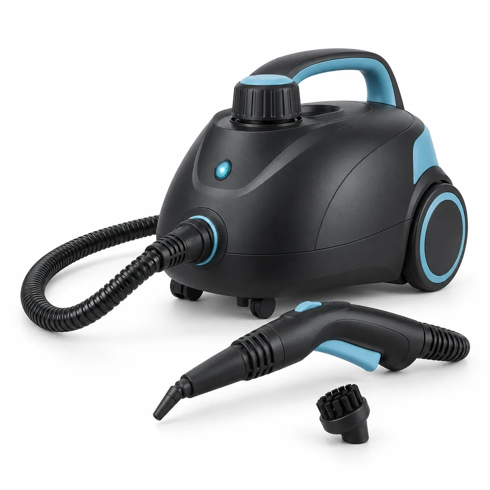 Illustrative steam cleaner with targeted detail attachments